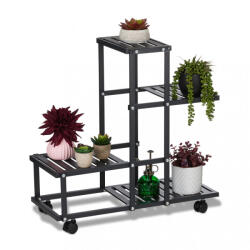Relaxdays Fekete fém virágtartó 4 polcos kerekekkel 60, 5x61, 5x26 cm 10047175