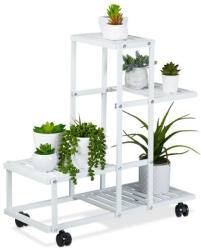 Relaxdays Fém virágtartó 4 polcos kerekekkel fehér 60, 5x61, 5x26 cm 10047176