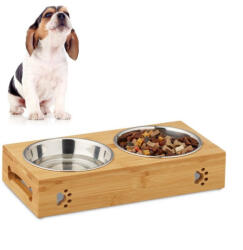 Relaxdays Bambusz macskatál dupla etetőállvány macskáknak vagy kistestű kutyáknak 10028859