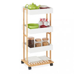 Relaxdays Bambusz tálaló zsúrkocsi 4 szintes fehér polcokkal 88x40x30 cm 10035365