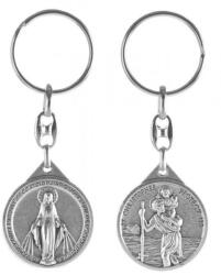 ST. ITA Kulcstartó - Szent Kristóf-Csodás Mária - kerek, ezüst-oxid - 8, 5 cm