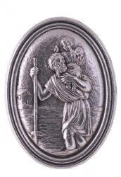 ST. ITA Szent Kristóf ezüst színű fém érem, öntapadós-mágneses, ovális 3x4 cm