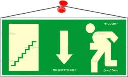  Információs tábla, 25x11, 5 cm, fluoreszkáló, utánvilágítós, "Menekülési irány le, lépcső balra (LUIN060) - irodasziget
