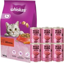 Whiskas Whiskas Adult Beef Dry Food 14kg + WILD FARM Pate marhahússal 6x400g