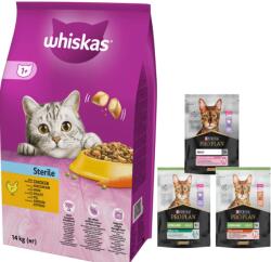 Whiskas WHISKAS Száraz macskatáp 1+ Steril csirkével 14kg + INGYENES PRO PLAN felnőtt macskatáp 400g - véletlenszerű szállítás