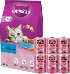 Whiskas WHISKAS Száraz macskatáp 1+ tonhallal 14kg + WILD FARM Pate lazaccal 6x400g