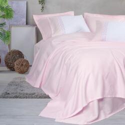 Cottonbox® Cuvertura cu cearceaf pat si fete perna, din bambus si bumbac cu broderie, Spruce Roz Pudra