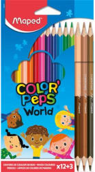 Maped Színes ceruza készlet, háromszögletű, MAPED "Color`Peps World", 12 különböző szín + 3 kétvégű bőrtónus ceruza (832071) - mystock