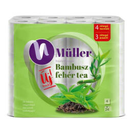 Müller Toalettpapír 4 rétegű kistekercses 100 százalék cellulóz 100 lap/tekercs 24 tekercs/csomag Bambusz Müller Fehér Tea (42604)