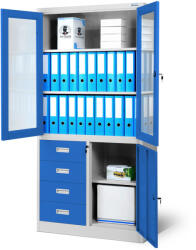 JAN NOWAK ® - WIOLA fém iratszekrény vitrinnel és fiókokkal / KÉK (381)