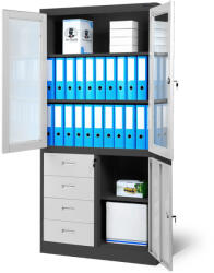 JAN NOWAK ® - WIOLA fém iratszekrény vitrinnel és fiókokkal / FEHÉR - ANTRACIT (1002) - chubbsafe