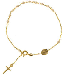 Argento-ekszer Arany karkötő rózsafüzér - 1 tized, kereszt, Csodás érem, fehér golyó alakú műgyöngyök, hossza 19 és 21 cm (9A004)