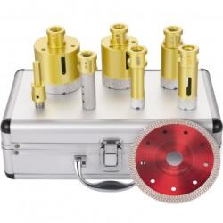 VivaTechnix Set 6 carote diamantate si 1 disc taiere 125 mm pentru gresie, marmura, 20-68 mm, prindere M14, umed sau uscat, cutie depozitare