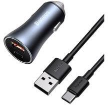 Baseus autós töltő USB+Type-C aljzat (40W, PD gyorstöltő 4.0, LED jelzés + Type-C kábel) SZÜRKETZCCJ