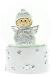  Hógömb angyallal, szívvel sapkában, poly 8x8x10 cm fehér, szürke (MS214429-4)
