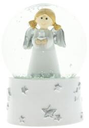  Hógömb angyallal, gyertyával poly 8x8x10cm fehér, ezüst (MS214427-4)