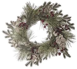  Dekoráció fenyő koszorú bogyóval, eukaliptusszal, glitteres, műanyag, 60cm, zöld-piros (CHN53795)