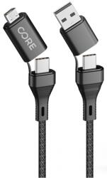 Forever - 4in1 kábel - 2 Type-C (USB-C) / MicroUSB / USB fejekkel, fekete szövet kábel 2, 4A, 1, 2 m