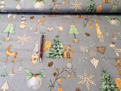  Karácsonyi manó - szarvas - fenyő mintás pamutvászon világosszürke alapon - 160 cm