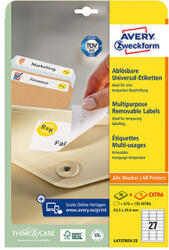 Avery-Zweckform címkék 63, 5 mm x 29, 6 mm, A4, fehér, 27 címke, eltávolítható, 25 darabos csomag, L4737REV-25, lézer- és tintasugaras nyomtatáshoz