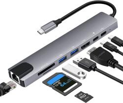 Axeloni Többportos adapter hub 8 az 1-ben USB-C 3.1 Axeloni ® HDMI 4K / LAN RJ45 Ethernet / Type C port / USB 3.0 / tápellátási port 100 W / TF és SD kártyaolvasó, dokkoló állomás laptophoz, MacBook Air/Pro,