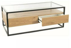 Signal Carlo Modern Üveglapos Dohányzóasztal Tölgy Fiókkal Fekete Vázas
