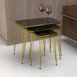 PremiumXL en. casa Oldalasztalok 3 darabos készletben Rudkbing 55 x 60 x 37 cm forgácslap fém márványos fekete arany négyzet alakú asztallappal helytakarékos tárolás