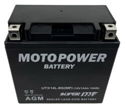MOTOPOWER UTX14L-BS (MF) 12V 14Ah 200A LTX14AH-3 YTX14AH-3 YB14L-A2 YB14L-B2 jobb+ gondozásmentes AGM (zselés) motor akkumulátor (MOTOPOWER-UTX14L-BS)