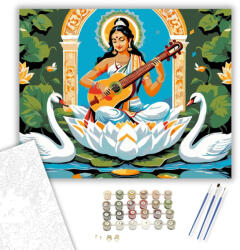  Saraswati Istennő Fehér Lótuszon - számfestő készlet - 40×50 cm (Keretre feszítve)