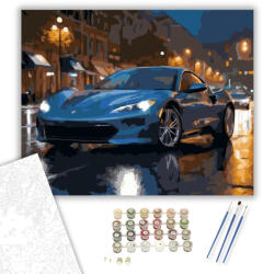  Kék Luxus Sportautó Esős Éjszakában - számfestő készlet - 40×50 cm (Keretre feszítve)