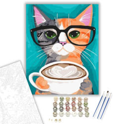  Macska kávéval - számfestő készlet - 40×50 cm (Keretre feszítve)