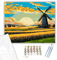 Naplemente a Búzamezőn Szélmalommal - számfestő készlet - 40×50 cm (Keretre feszítve)