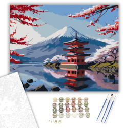  Fuji Hegy és Pagoda Cseresznyevirággal - számfestő készlet - 80×100 cm (Keretre feszítve)