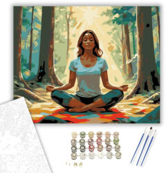  Meditáló Nő Erdőben Napfényben - számfestő készlet - 40×50 cm (Keretre feszítve)