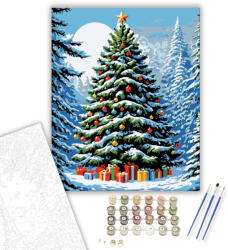  Hófedte Ünnepi Fenyő - számfestő készlet - 40×50 cm (Keretre feszítve)