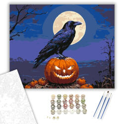  Holló és tök a telihold alatt - számfestő készlet - 40×50 cm (Keretre feszítve)