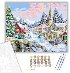 Számfestő Téli havas kisfalu - számfestő készlet - 40×50 cm (Keretre feszítve) (crea362-40X50-KF)