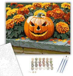 Számfestő Faragott tök őszi virágok között - számfestő készlet - 40×50 cm (Keretre feszítve) (crea3001-40X50-KF)