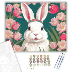  Virágkoszorús Nyuszi Tulipánok Között - számfestő készlet - 40×50 cm (Keretre feszítve)