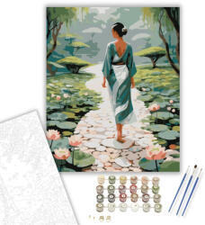  Lotuszvirágos Kavicsos Út Zen Kertben - számfestő készlet - 40×50 cm (Keretre feszítve)