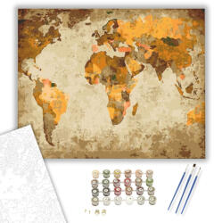 Sárga és Barna Világtérkép - számfestő készlet - 40×50 cm (Keretre feszítve)
