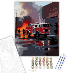  Piros Tűzoltóautó Éjszakai Bevetésen - számfestő készlet - 40×50 cm (Keretre feszítve)