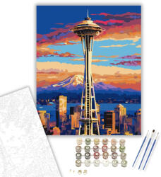 Számfestő Space Needle Seattle Naplementében - számfestő készlet - 50×60 cm (Keretre feszítve) (crea7083-50X60-KF)