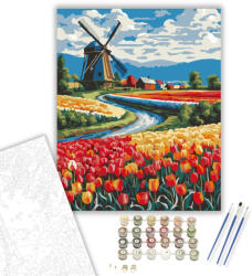  Színes Tulipánmező Szélmalommal - számfestő készlet - 40×50 cm (Keretre feszítve)