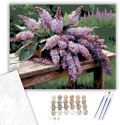  Lila Orgona Csokor a Padon - számfestő készlet - 40×50 cm (Keretre feszítve)