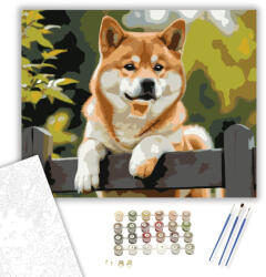  Shiba Inu a Kerítésen - számfestő készlet - 40×50 cm (Keretre feszítve)