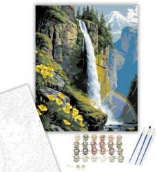  Vízesés és Sárga Vadvirágok - számfestő készlet - 40×50 cm (Keretre feszítve)