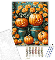  Vidám töklámpások virágokkal - számfestő készlet - 40×50 cm (Keretre feszítve)