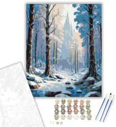  Varázslatos Téli Kastély az Erdő Mélyén - számfestő készlet - 40×50 cm (Keretre feszítve)