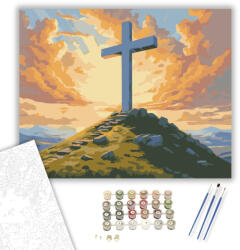  Húsvéti Napkelte Kereszttel - számfestő készlet - 40×50 cm (Keretre feszítve)